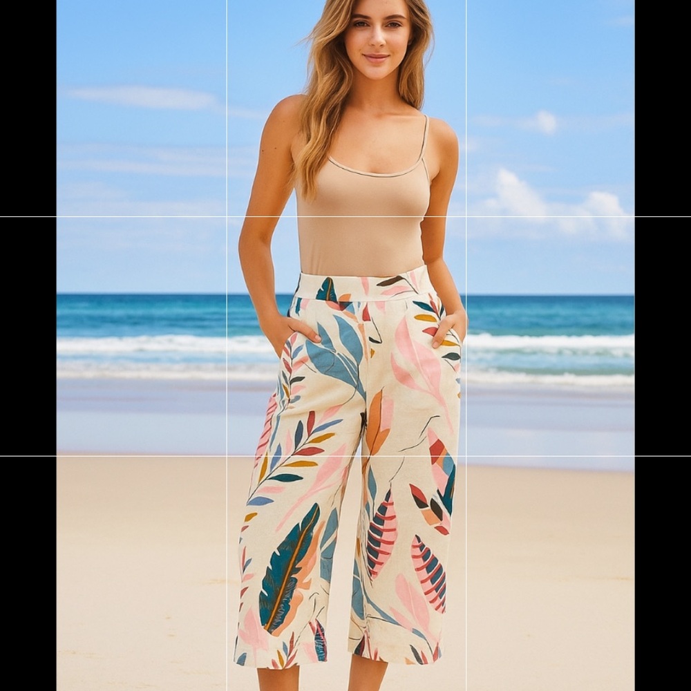 Cynthia Rowley Linen Pants Sz S Wide Leg Cropped Tropical Beach Lightweight